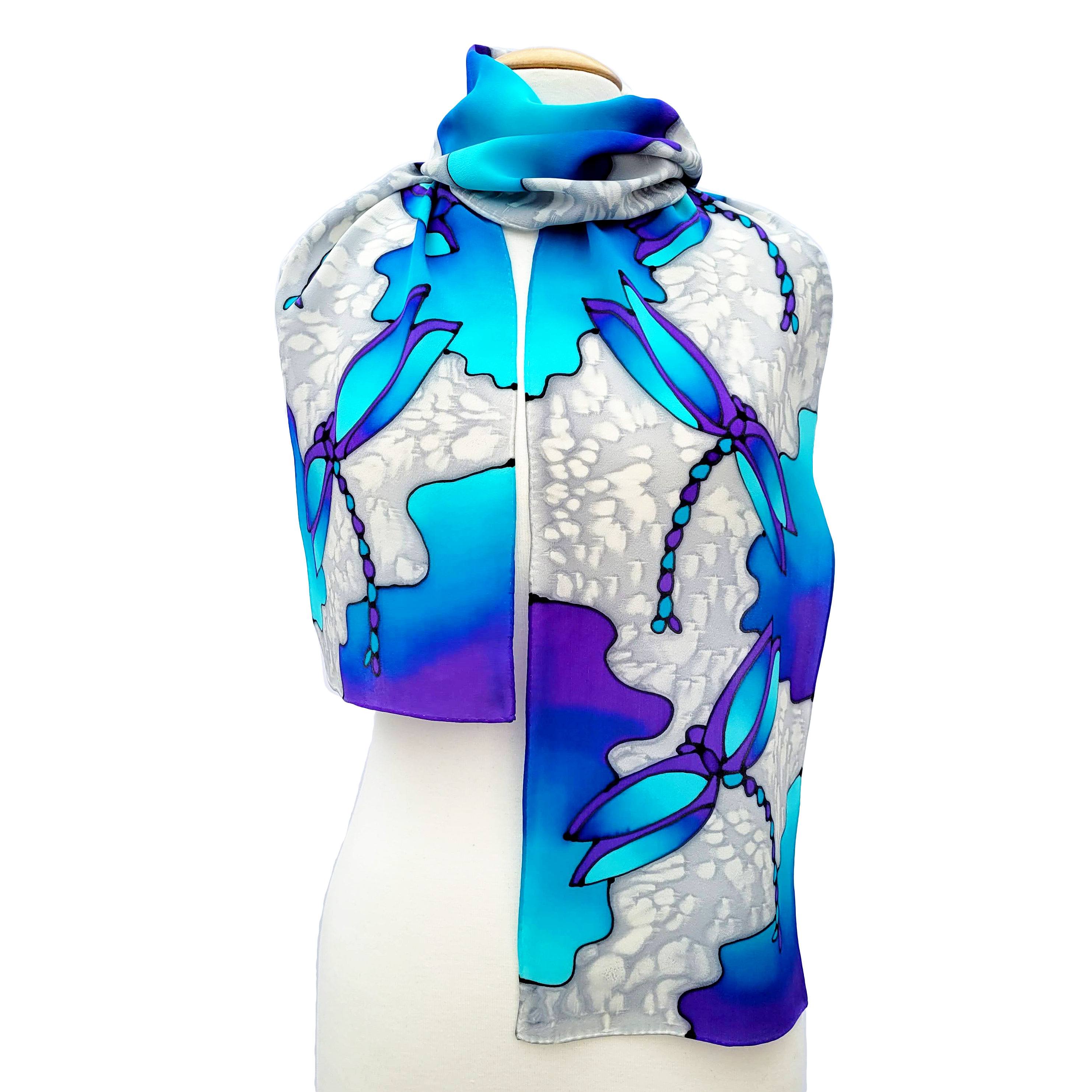 silk clothing silk scarf accessory hand painted blue dragonflies art design handmade in Canada by Lynne Kiel