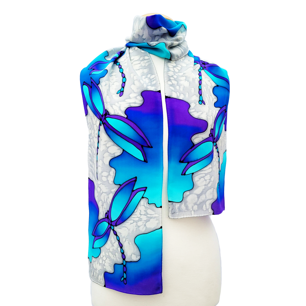 hand painted silk scarf blue silver dragonfly art design handmade by Lynne Kiel