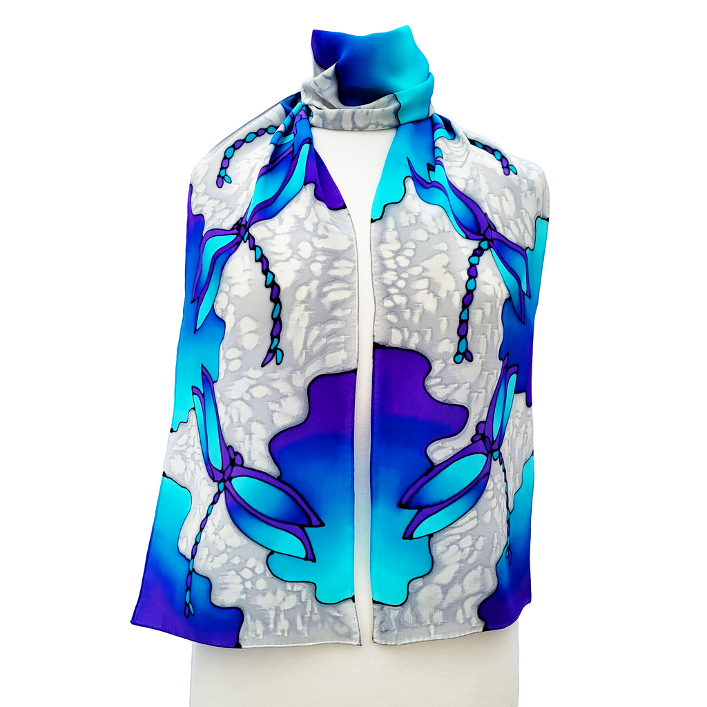 long silk scarf hand painted blue silver dragonfly art design handmade by Lynne Kiel