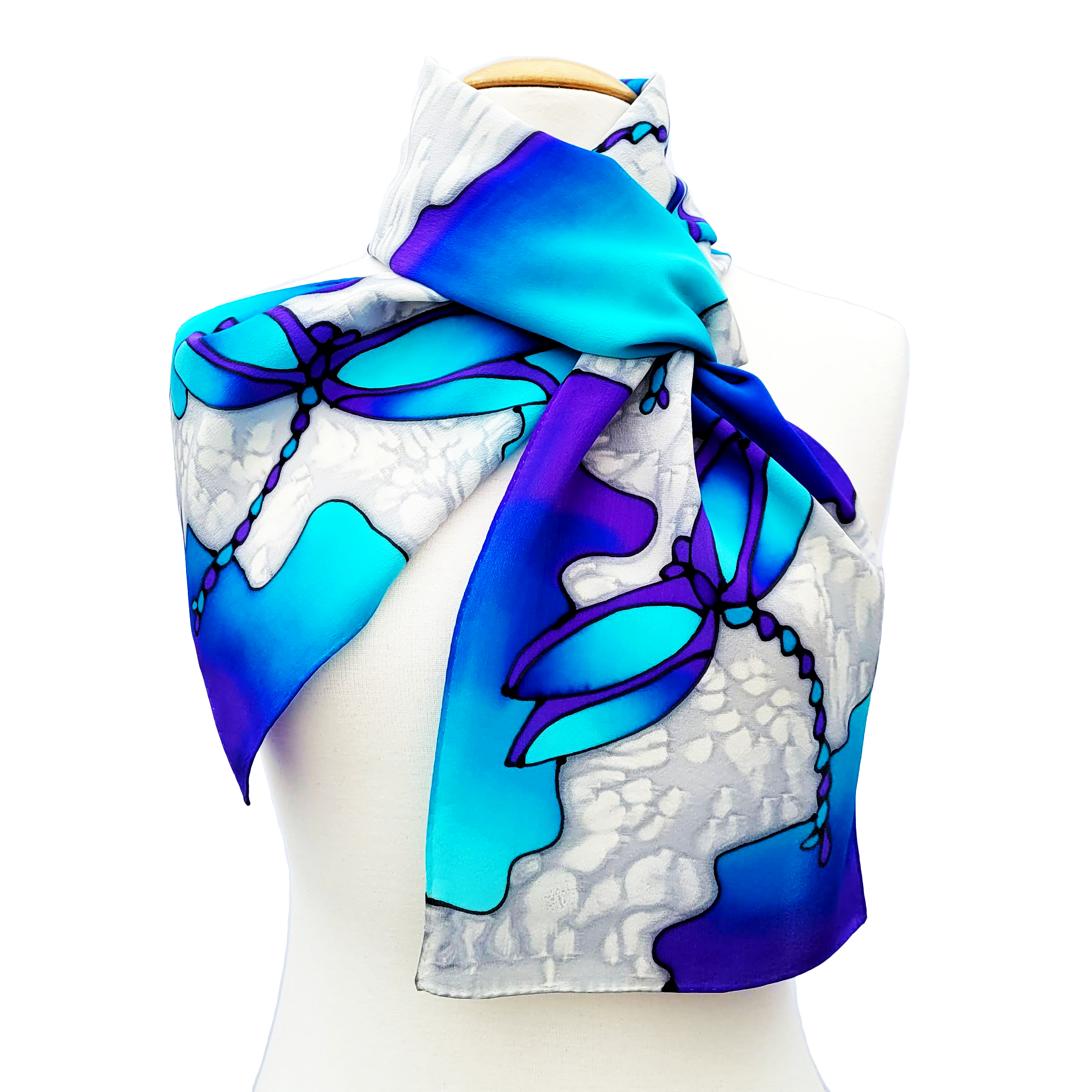 long neck scarf hand painted silk dragonfly art design handmade in Canada by Lynne Kiel