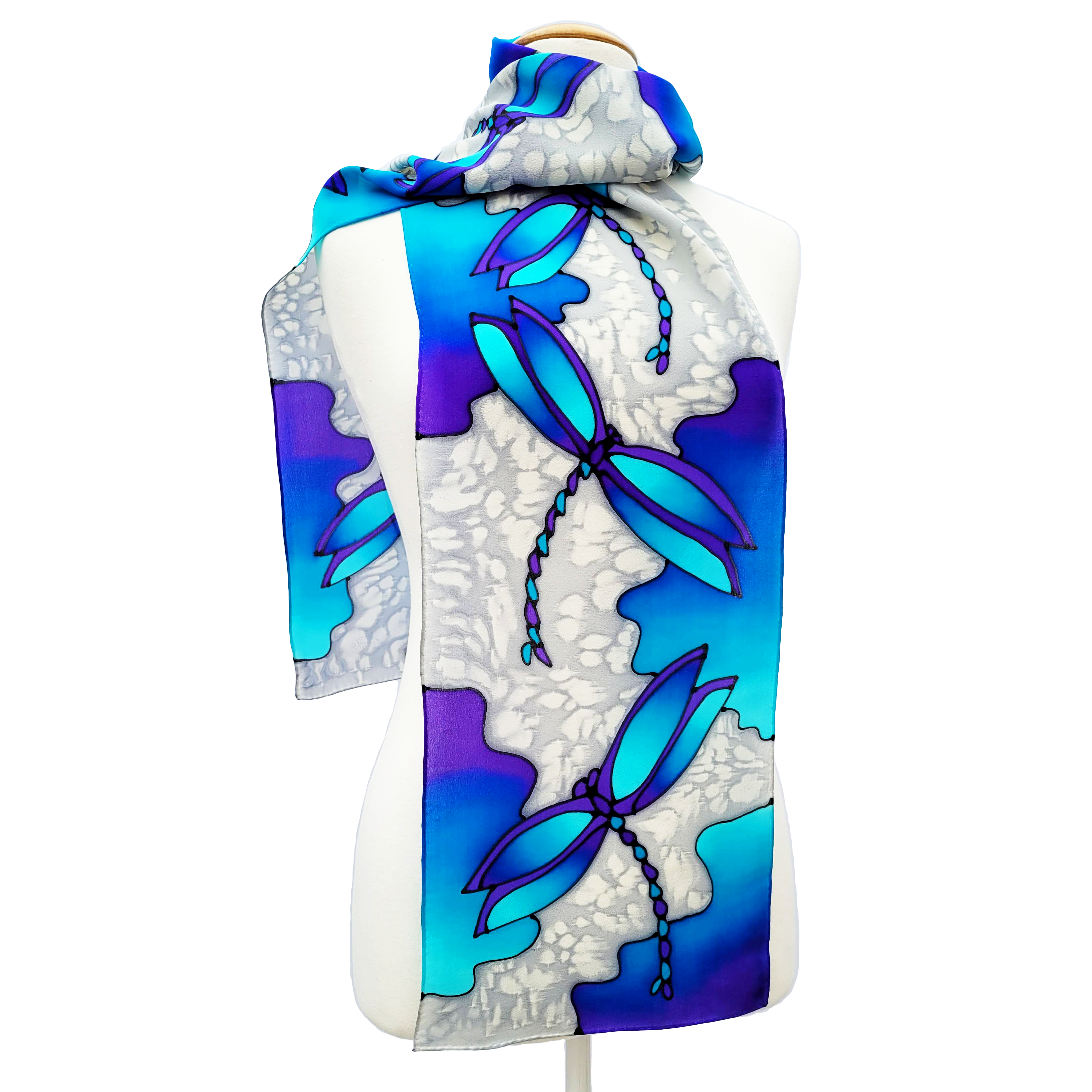 blue silk scarf hand painted dragonflies art design handmade by Lynne Kiel