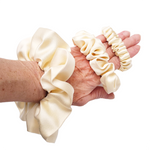 Load image into Gallery viewer, ivory silk satin large hair scrunchie ponytail holder hair accessory handmade in Canada by Lynne Kiel
