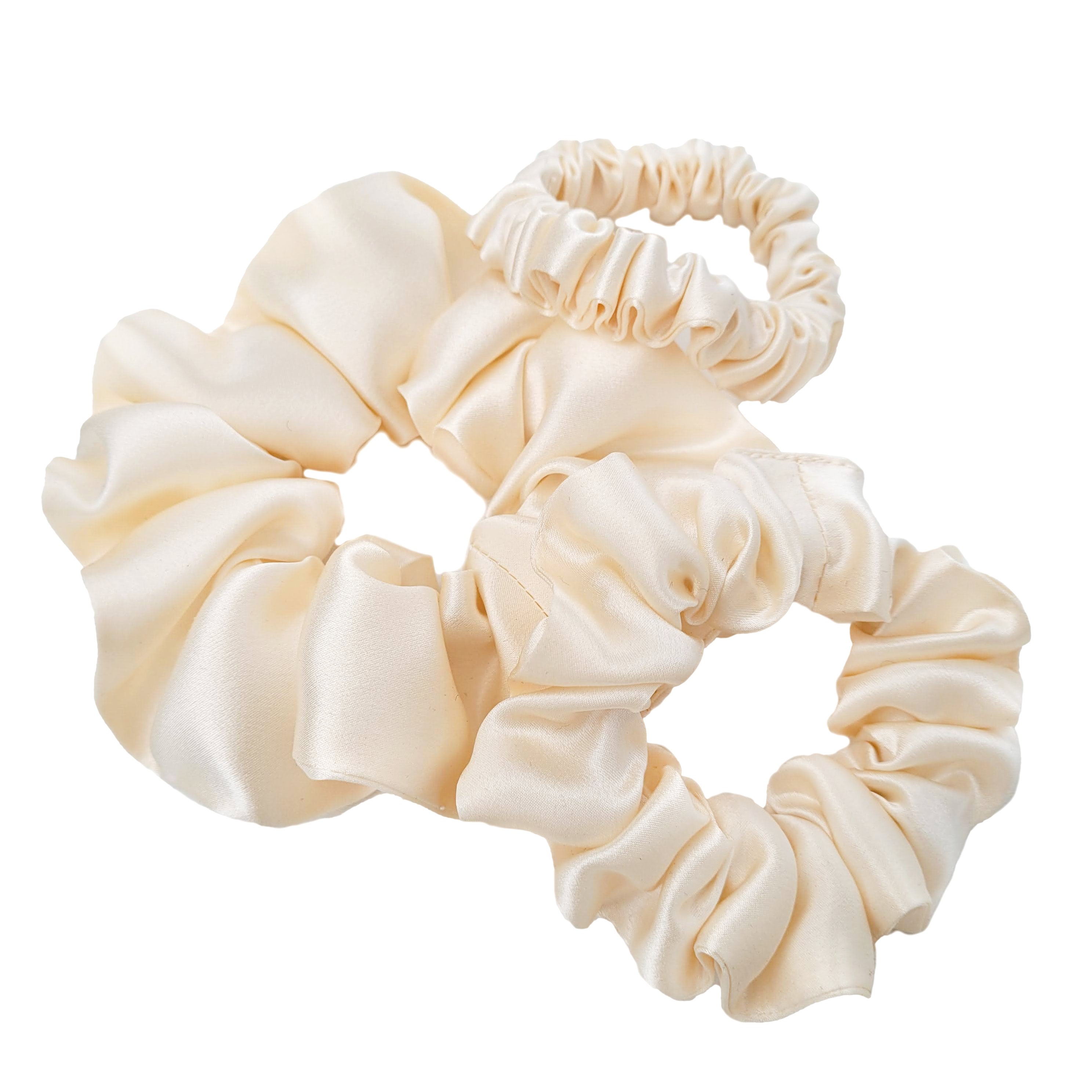 creamy ivory silk satin scrunchies ponytail holder hair tie handmade in Canada by Lynne Kiel