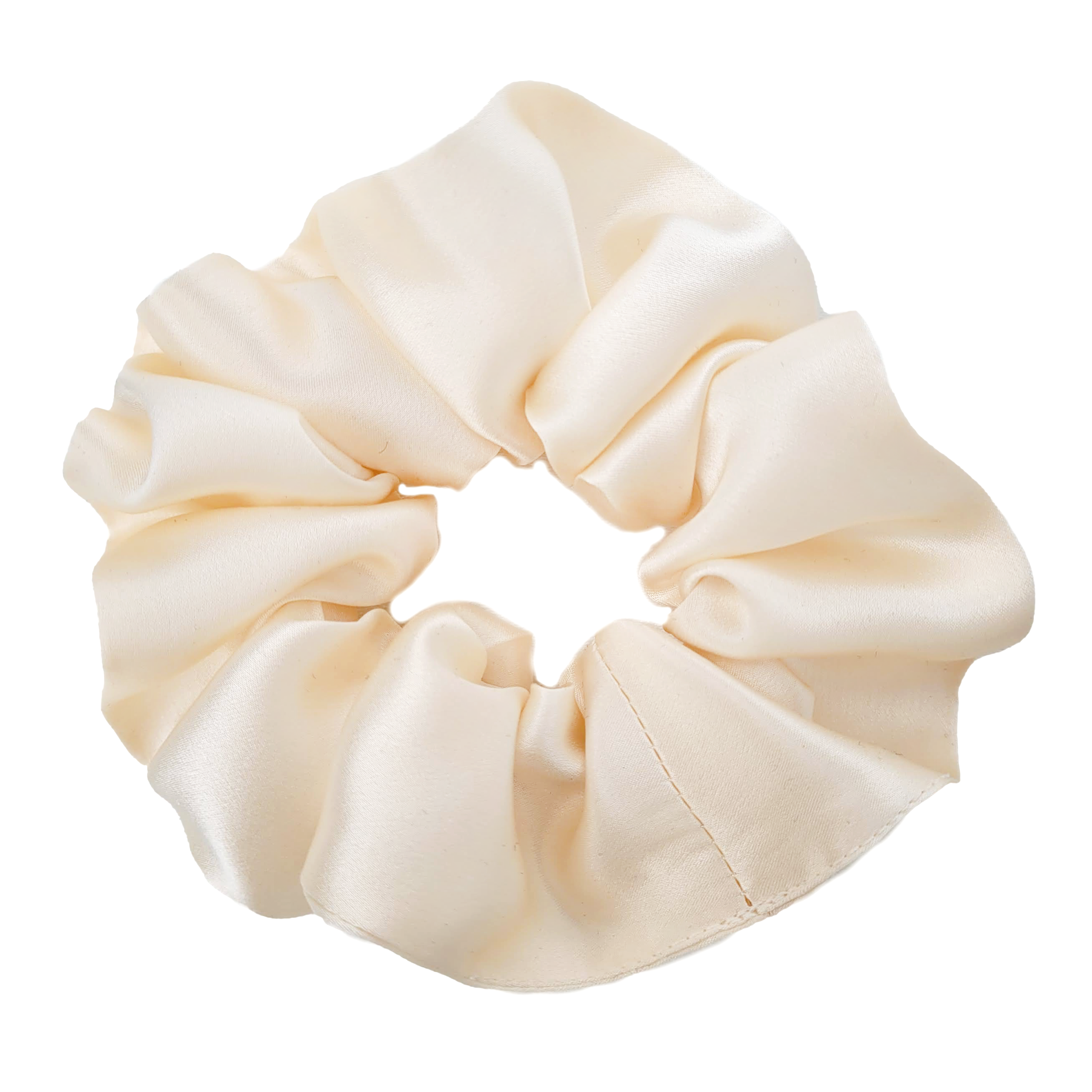 Medium size scrunchie pure silk ivory satin ponytail holder hair tie handmade in Canada by Lynne Kiel