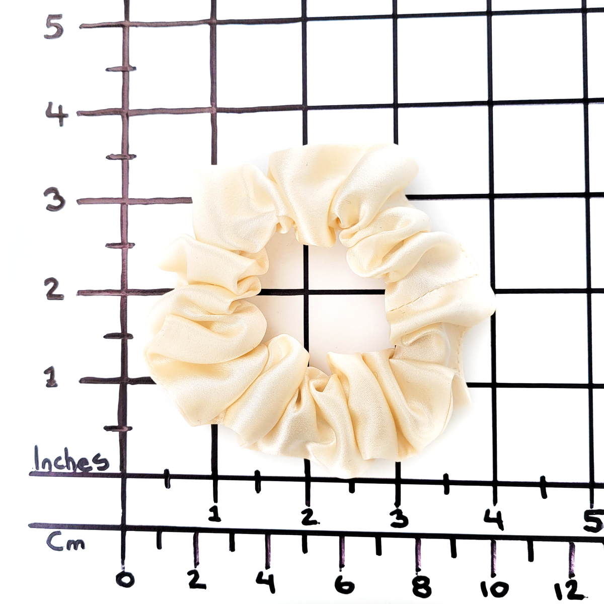 pure silk off white satin small scrunchie pony tail holder hair tie handmade in Canada by Lynne Kiel