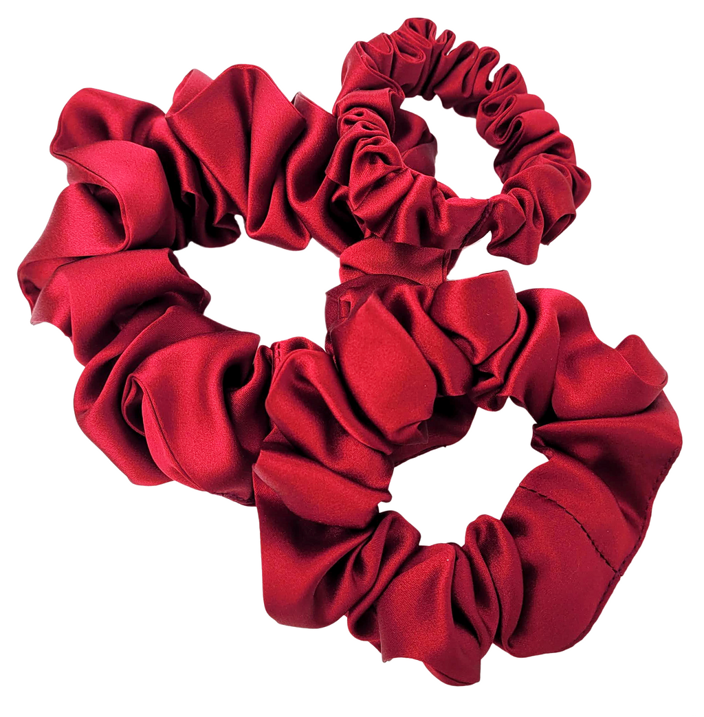Pure silk scrunchie hair ties in crimson red  handmade in Canada by Lynne Kiel