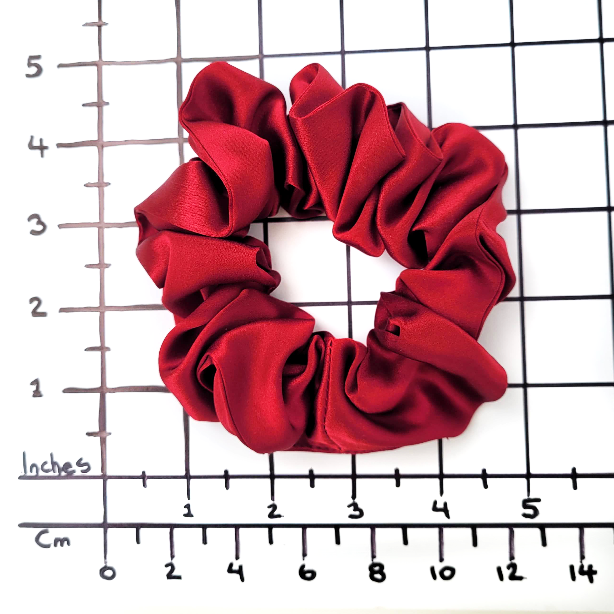 red silk medium size scrunchie hair accessorie crimson red handmade in Canada by Lynne Kiel
