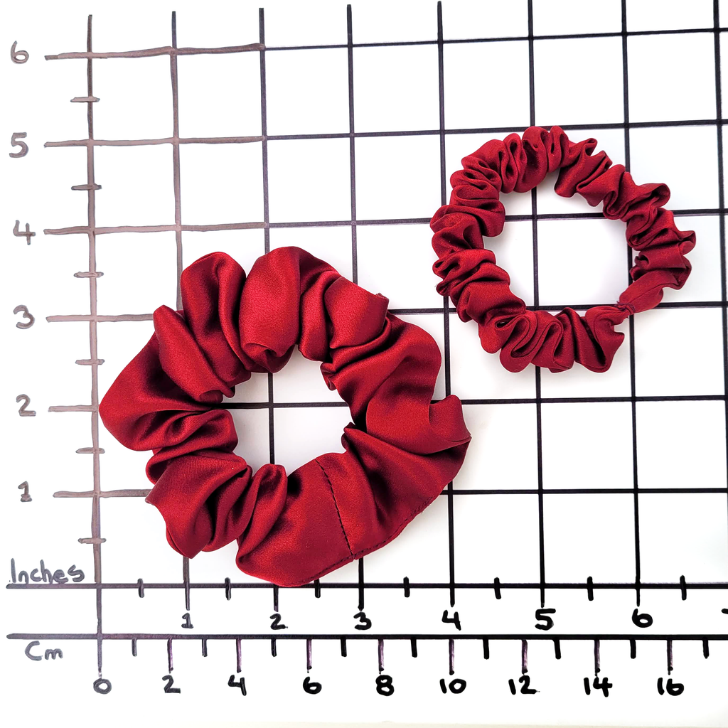 small size scrunchie and skinny scrunchie hair ties crimson red pure silk handmade by Lynne Kiel
