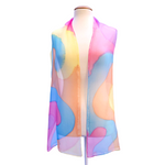 Load image into Gallery viewer, pure silk chiffon one size shawl hand painted abstract art pink yellow orange blue handmade by Lynne Kiel
