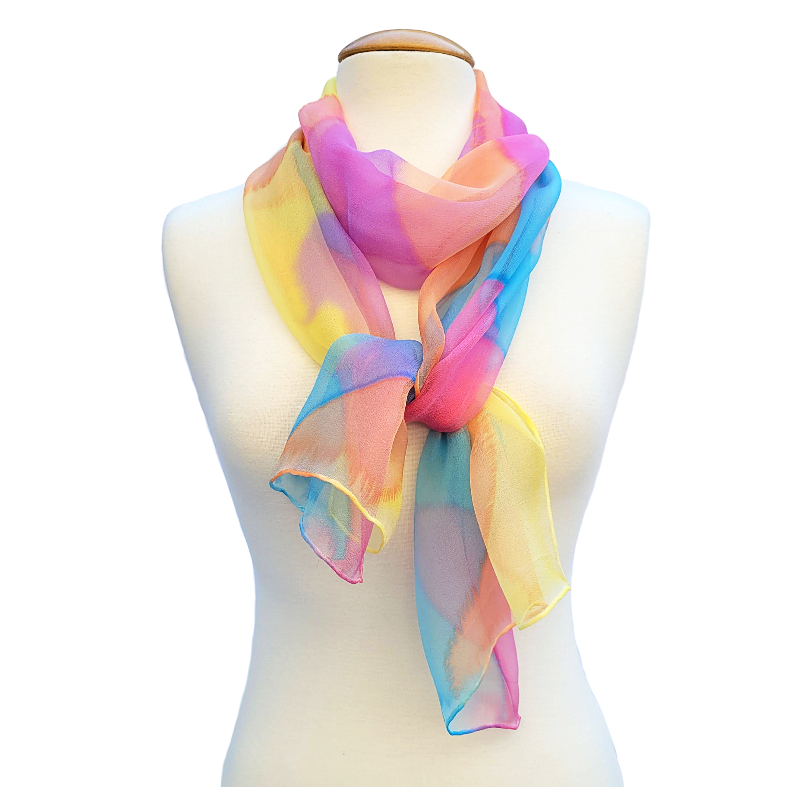 hand painted silk chiffon scarf abstract art design pink orange yellow blue handmade by Lynne Kiel