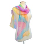 Load image into Gallery viewer, pure silk chiffon scarf hand painted abstract art design pink orange yellow blue colors handmade by Lynne Kiel
