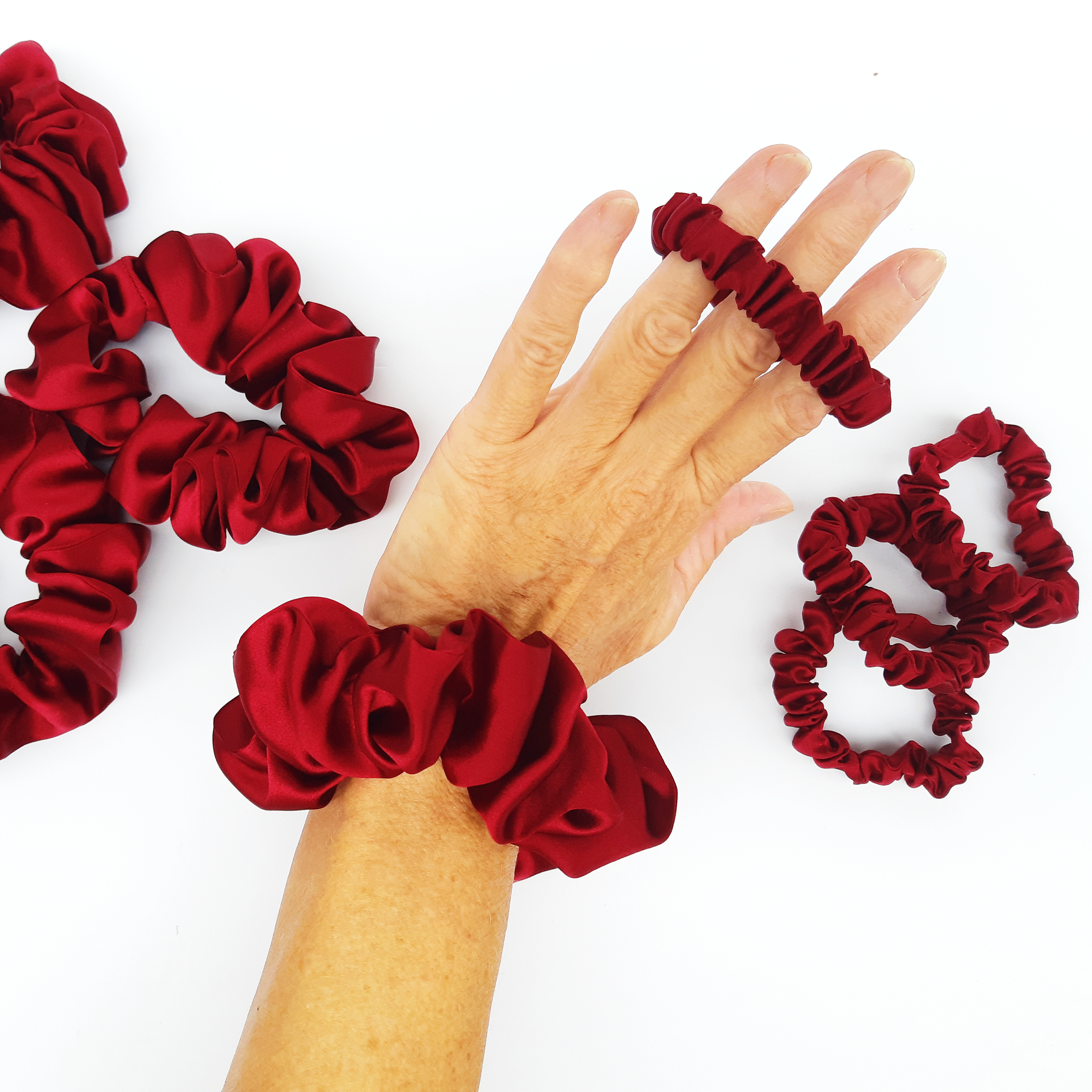 crimson red silk scrunchie hair ties handmade in Canada by Lynne Kiel