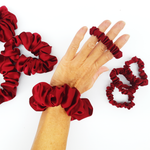 Load image into Gallery viewer, crimson red silk scrunchie hair ties handmade in Canada by Lynne Kiel
