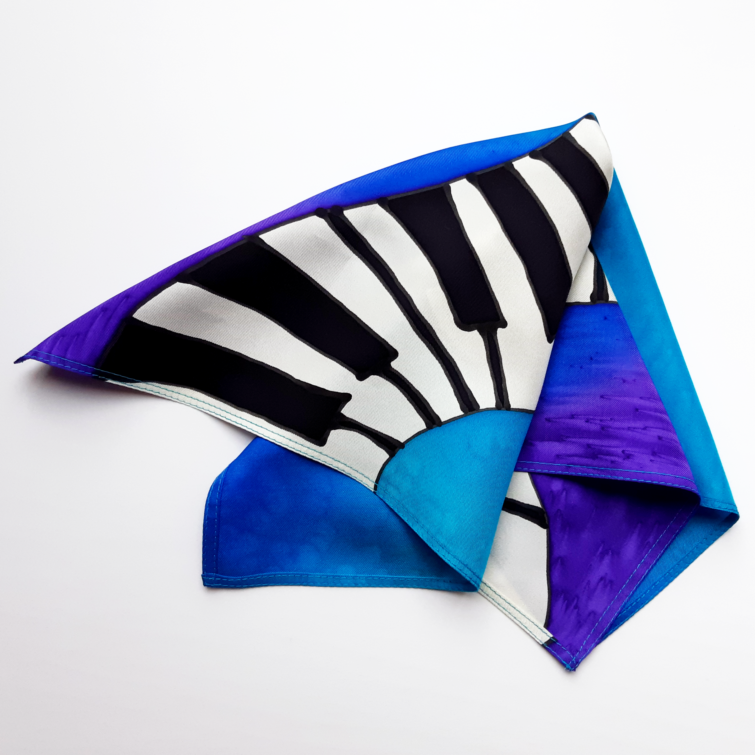 Design silk pocket square for men hand painted piano blue purple pure silk made by Lynne Kiel