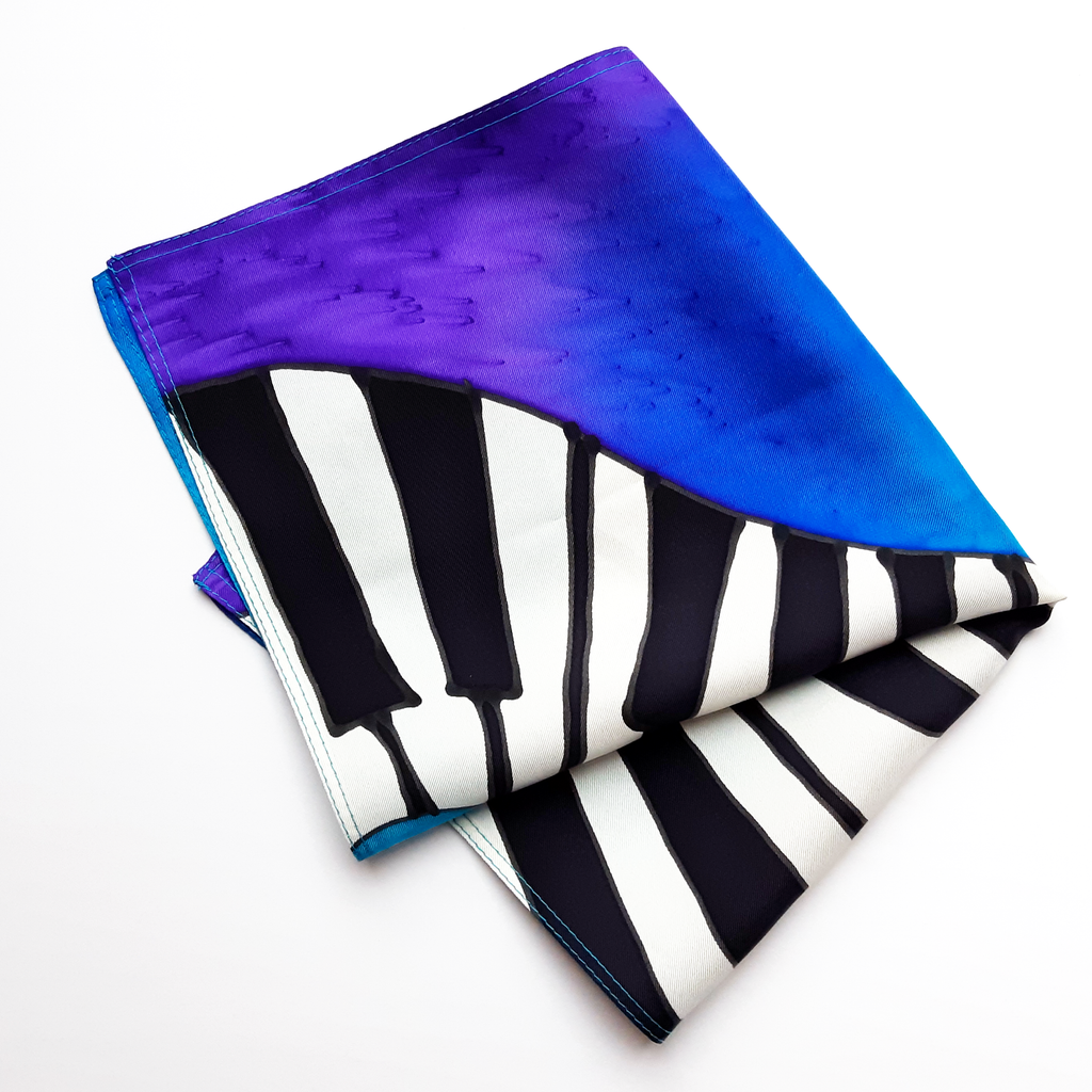 men's fashion pure silk pocket square hand painted piano design art handmade by Lynne Kiel
