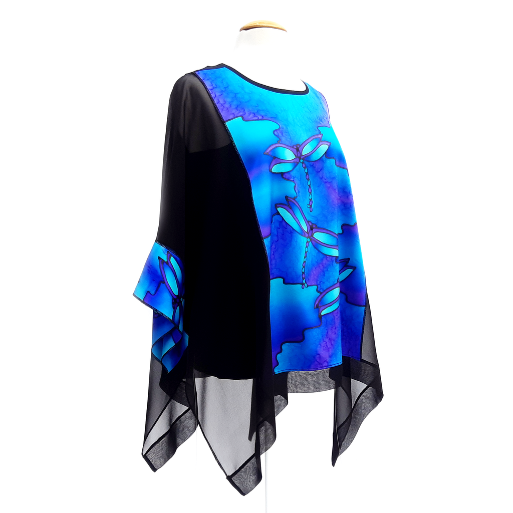 Plus size caftan top black silk for weddings and cruise wear made in Canada