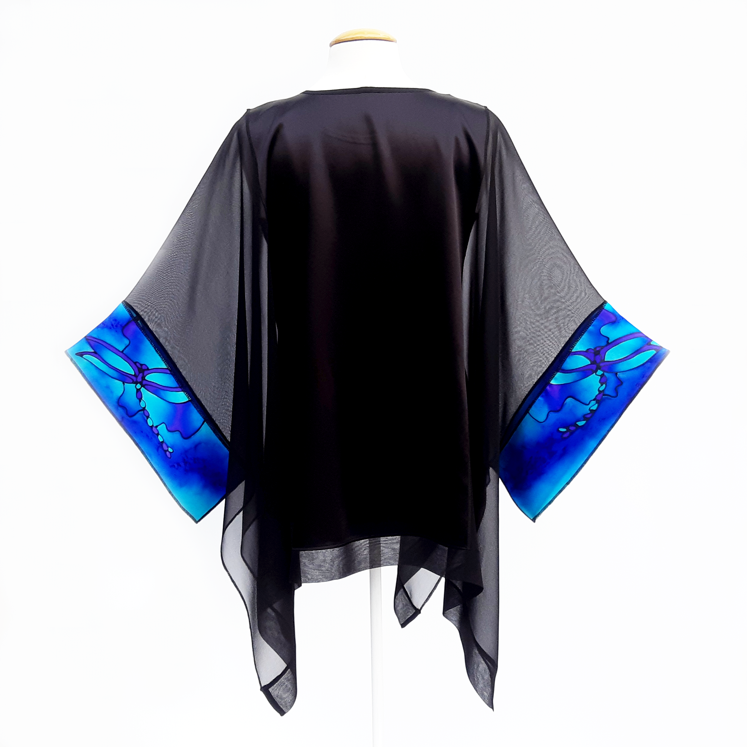 painted silk black caftan top for ladies made in Canada by Lynne Kiel