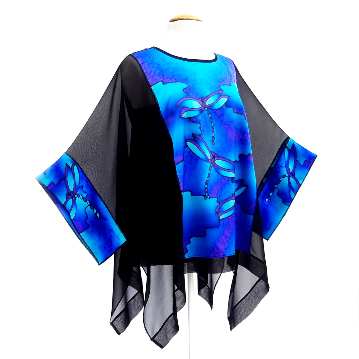 one size black caftan top  hand painted  dragonflies pure silk  cruise wear wedding outfit made by Lynne Kiel