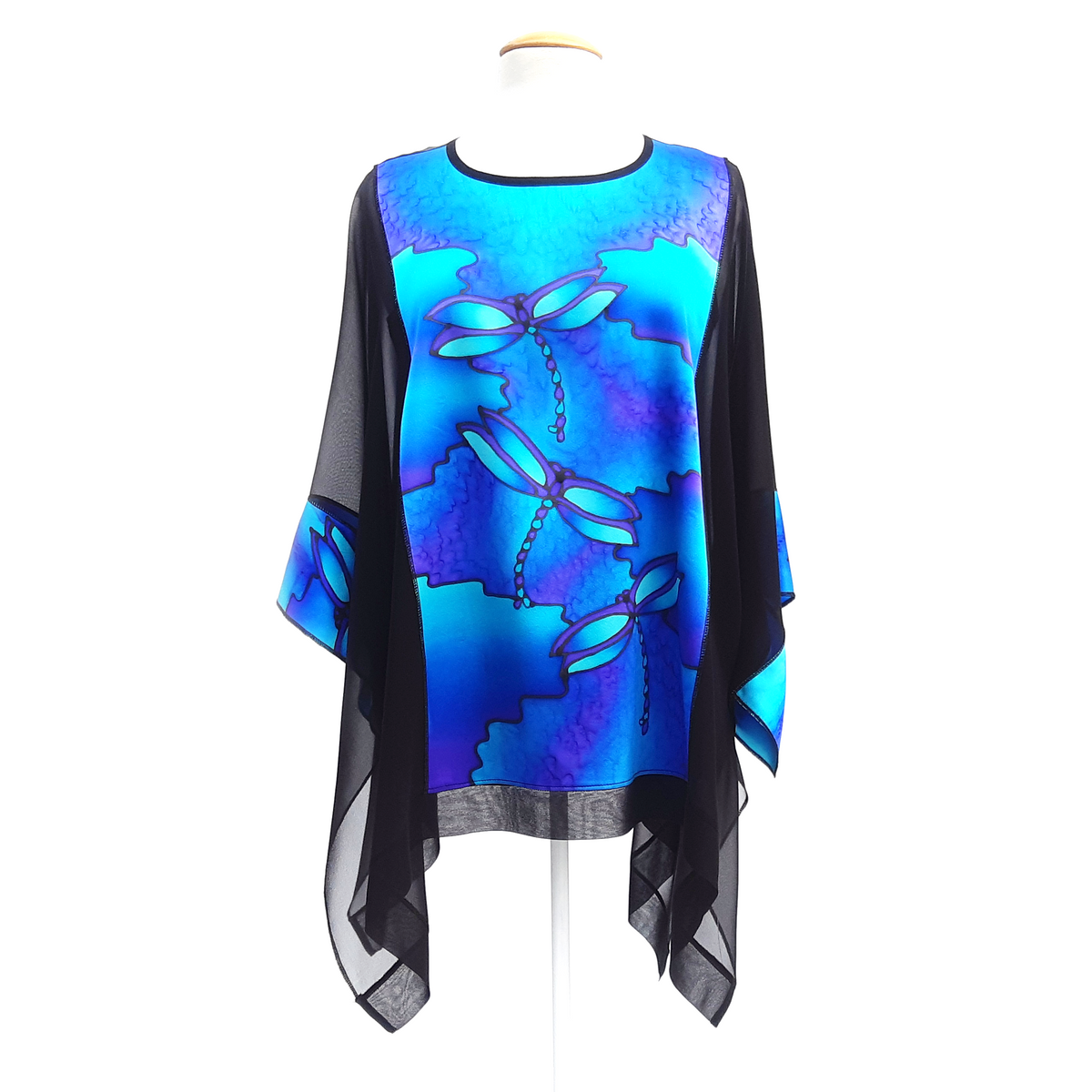 one size ladies caftan top hand painted blue dragonfly design art handmade in Canada by Lynne Kiel