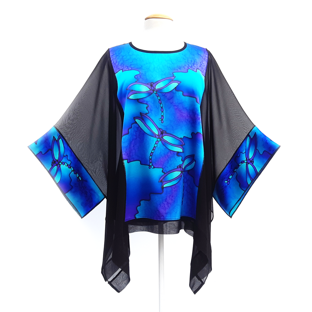 pure silk ladies top one size hand painted dragon fly art design blue black colors handmade by Lynne Kiel