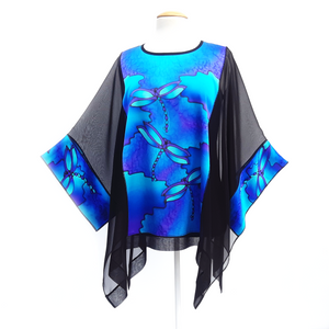 TWILIGHT BLUE Dragonfly Painted Silk Black CAFTAN Top Ladies One Size