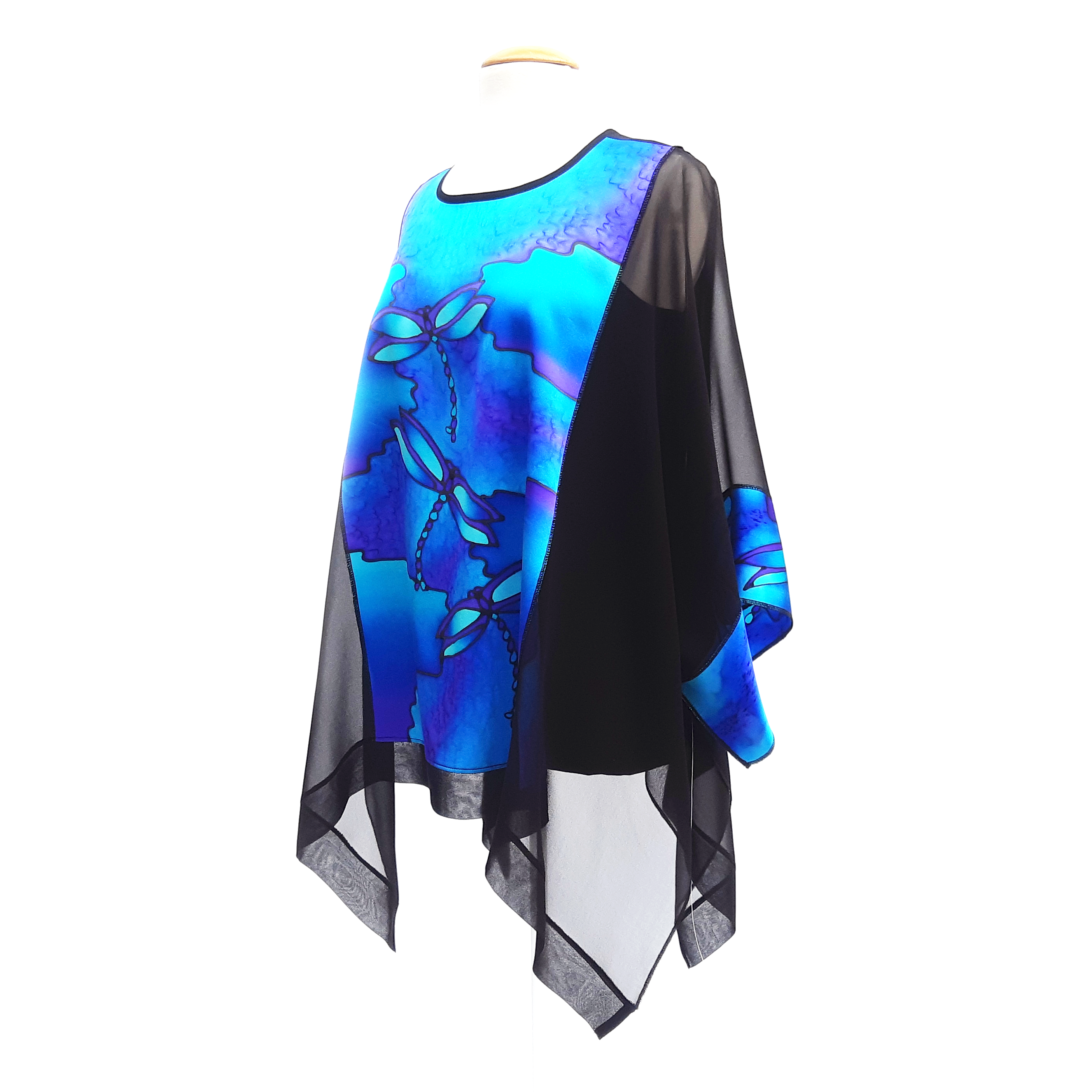 TWILIGHT BLUE Dragonfly Painted Silk Black CAFTAN Top Ladies One Size