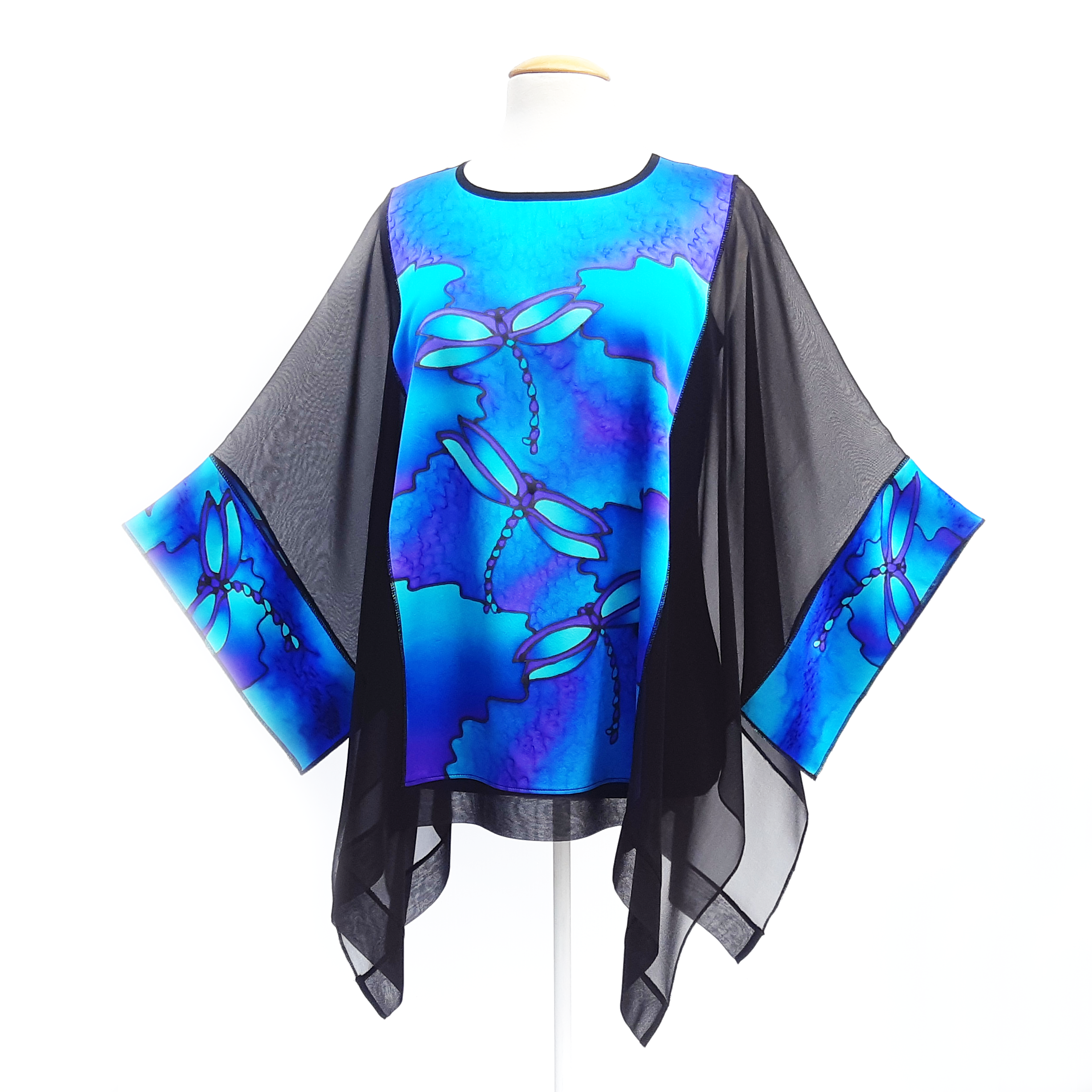 hand painted silk dragonfly caftan top one size blue and black color handmade in canada by Lynne Kiel