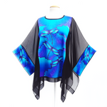 Load image into Gallery viewer, hand painted silk dragonfly caftan top one size blue and black color handmade in canada by Lynne Kiel
