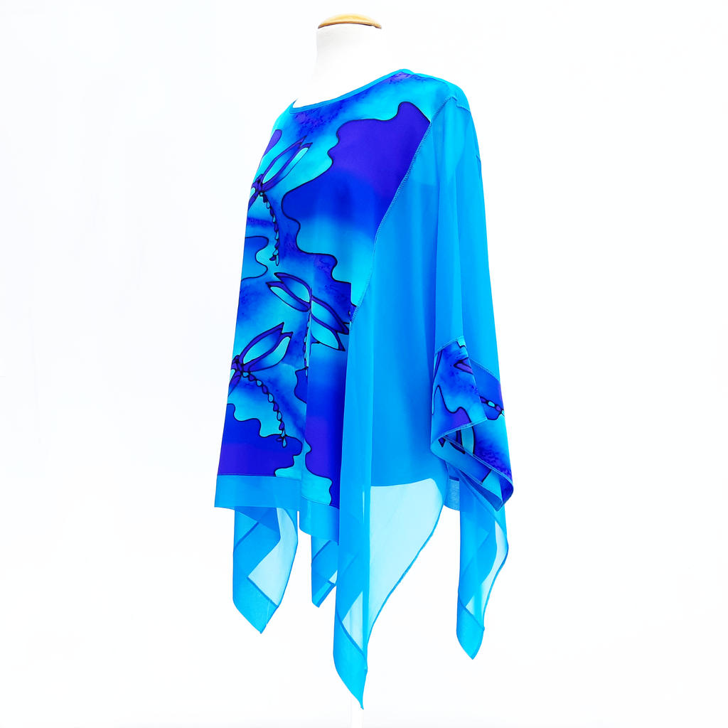 Plus size caftan top blue silk for weddings and cruise wear made in Canada