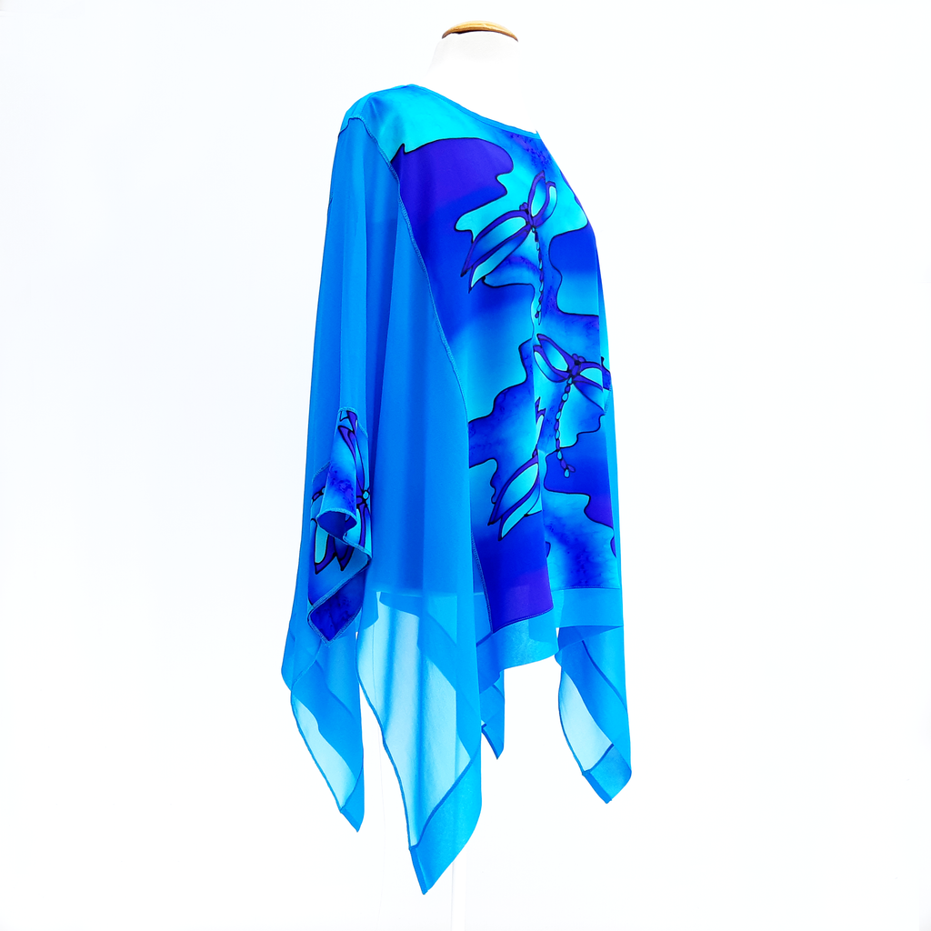 hand painted silk long caftan top turquoise blue for ladies made in Canada