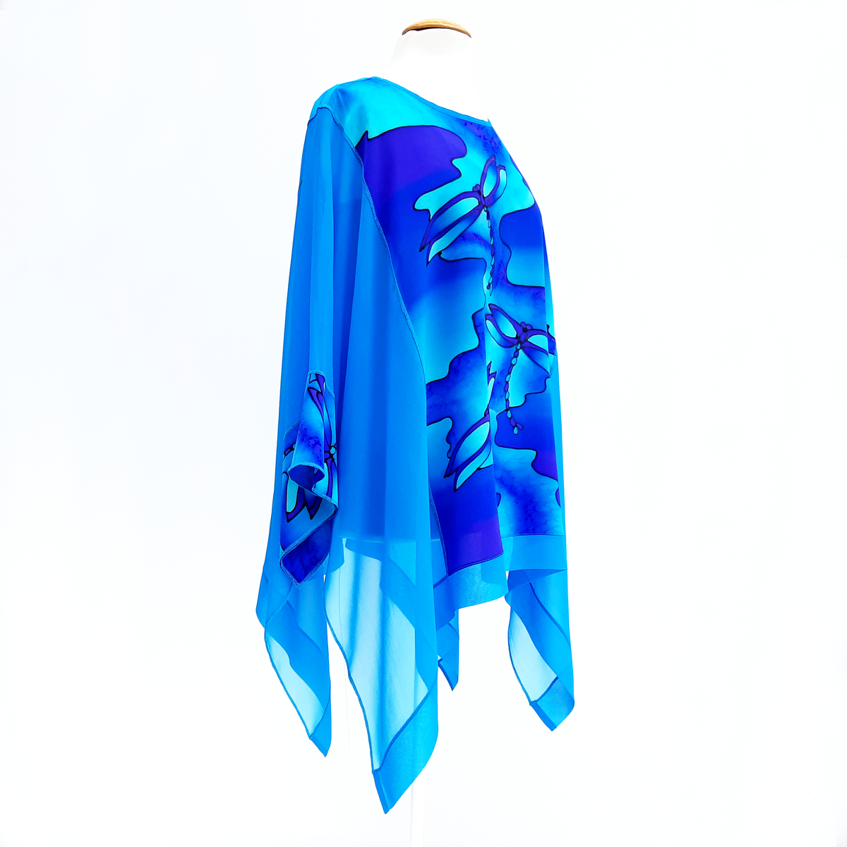 hand painted silk long caftan top turquoise blue for ladies made in Canada