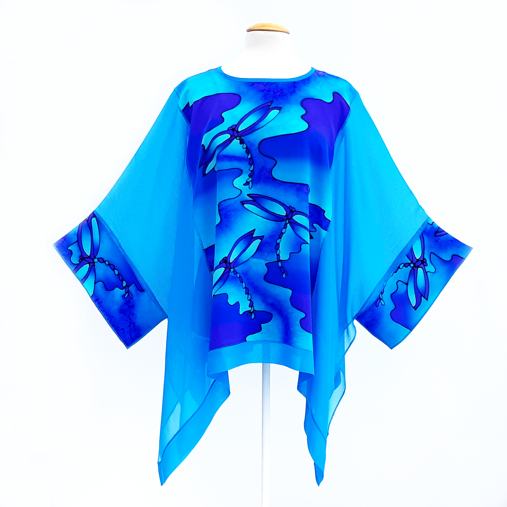 one size dragonfly caftan top hand painted blue silk made by Lynne Kiel