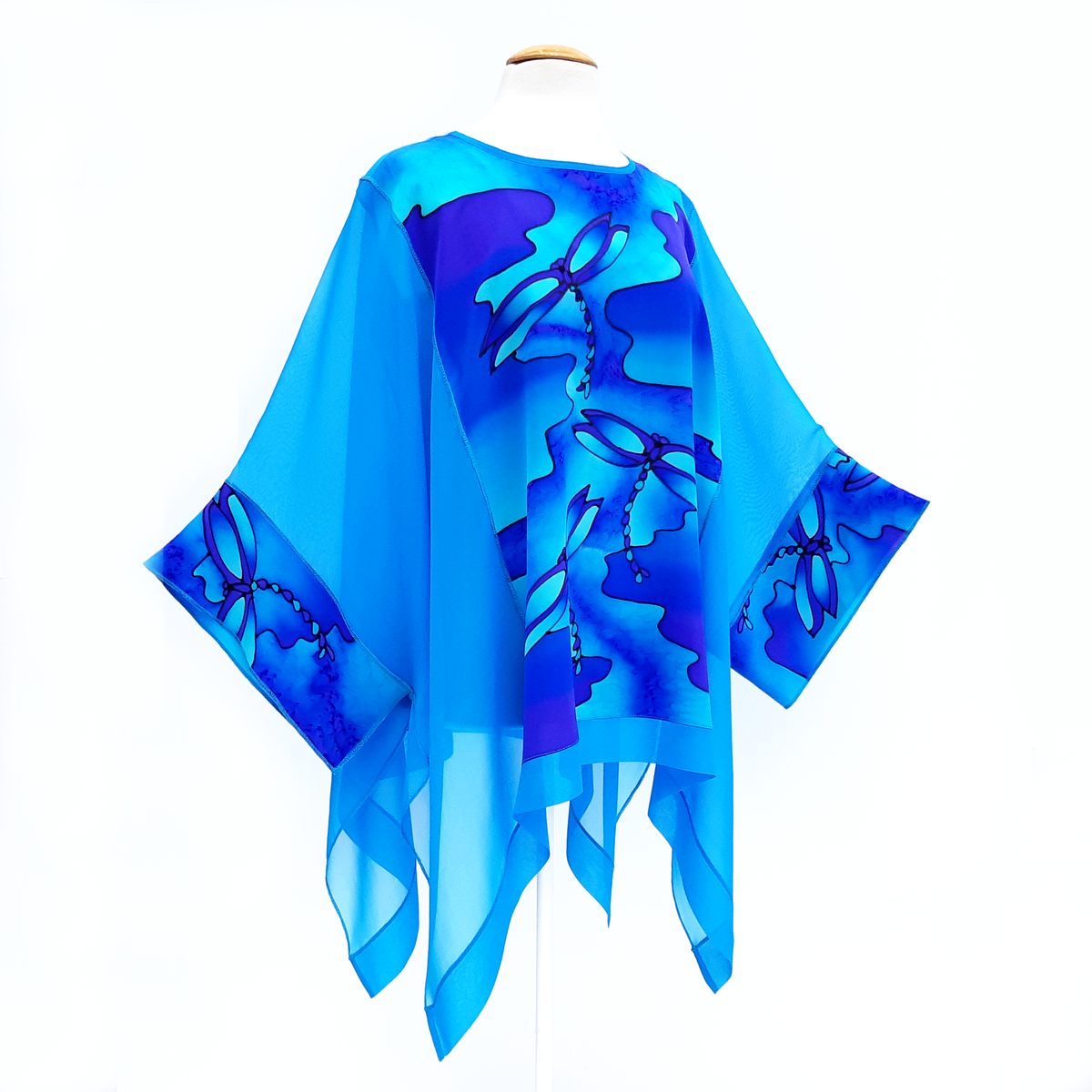 painted silk turquoise ladies long top one size made by Lynne Kiel