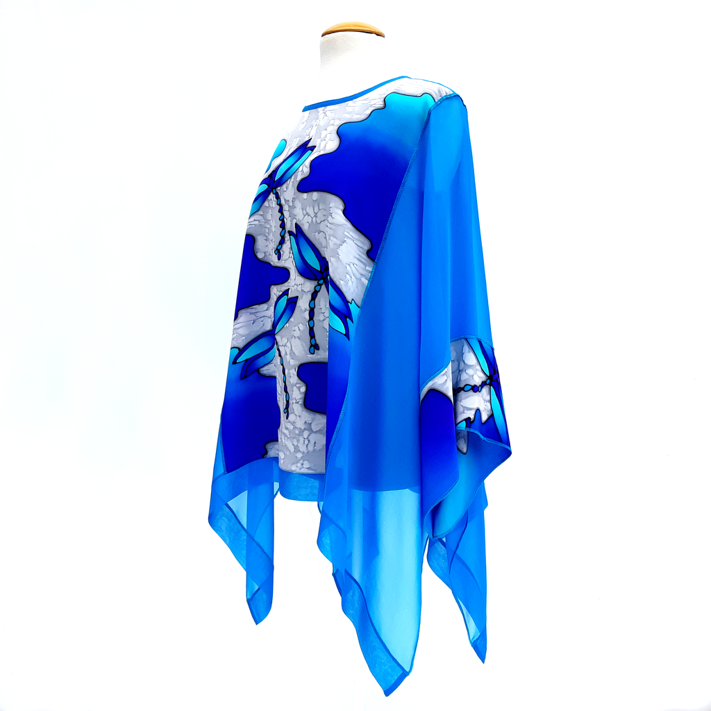 ladies long caftan top in turquoise blue silk one size made by Lynne Kiel