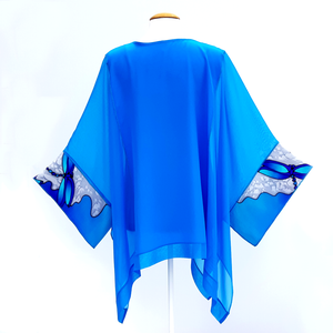 one size caftan top hand painted blue silk made by Lynne Kiel