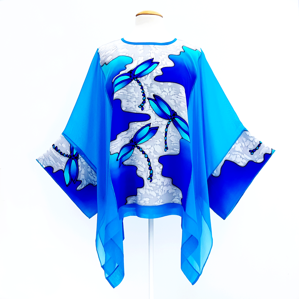 hand painted silk long caftan top turquoise blue for ladies handmade by Lynne Kiel