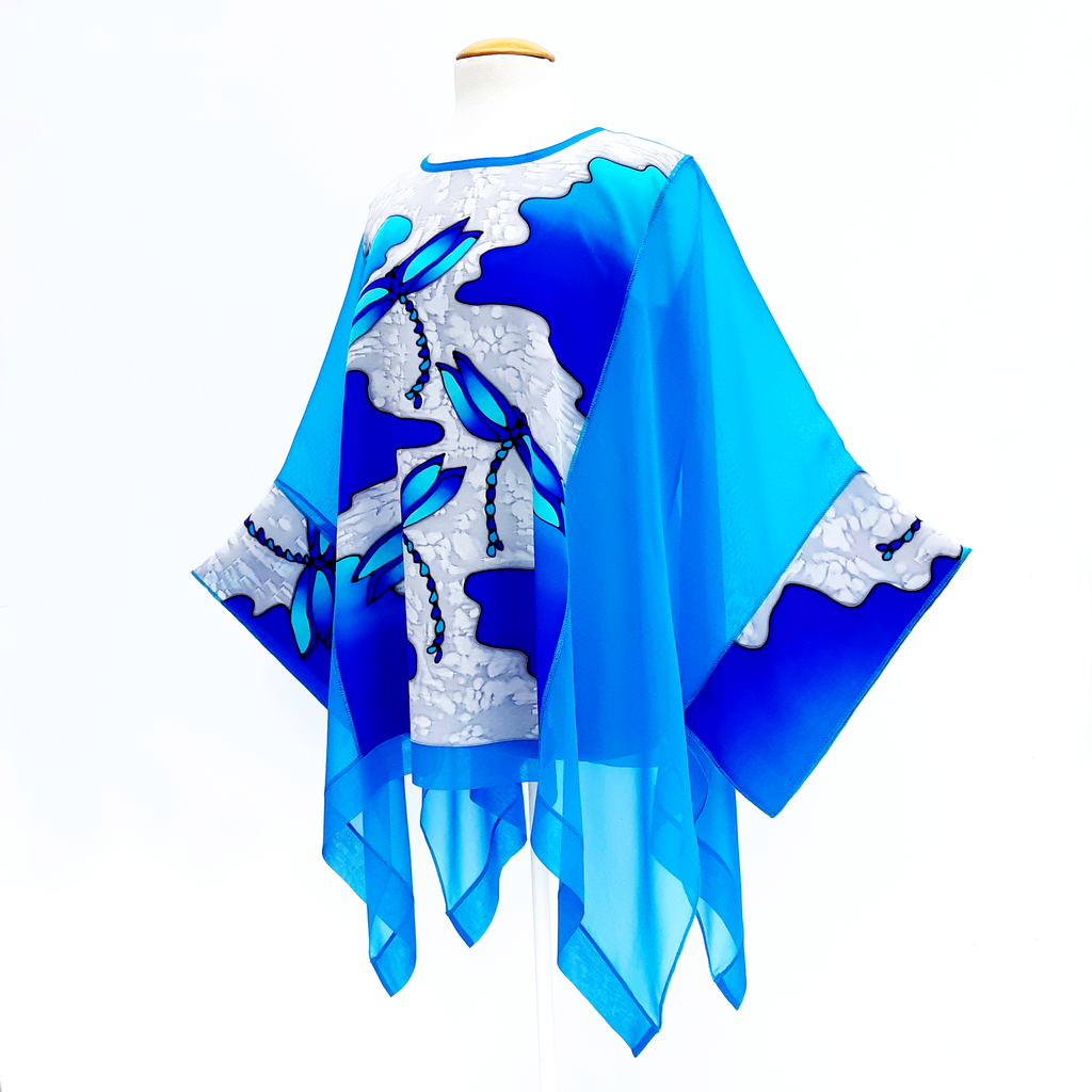 Plus size caftan top blue silk for weddings and cruise wear made in Canada