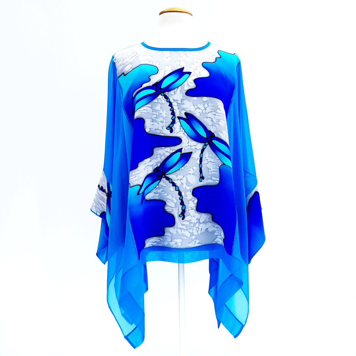 dragonfly design hand painted  blue silk  caftan top for women cruise wear made in Canada
