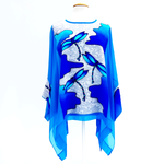 Load image into Gallery viewer, dragonfly design hand painted  blue silk  caftan top for women cruise wear made in Canada
