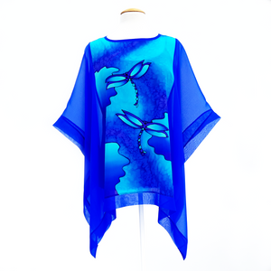 blue dragonfly design poncho top ones size pure silk made by Lynne Kiel