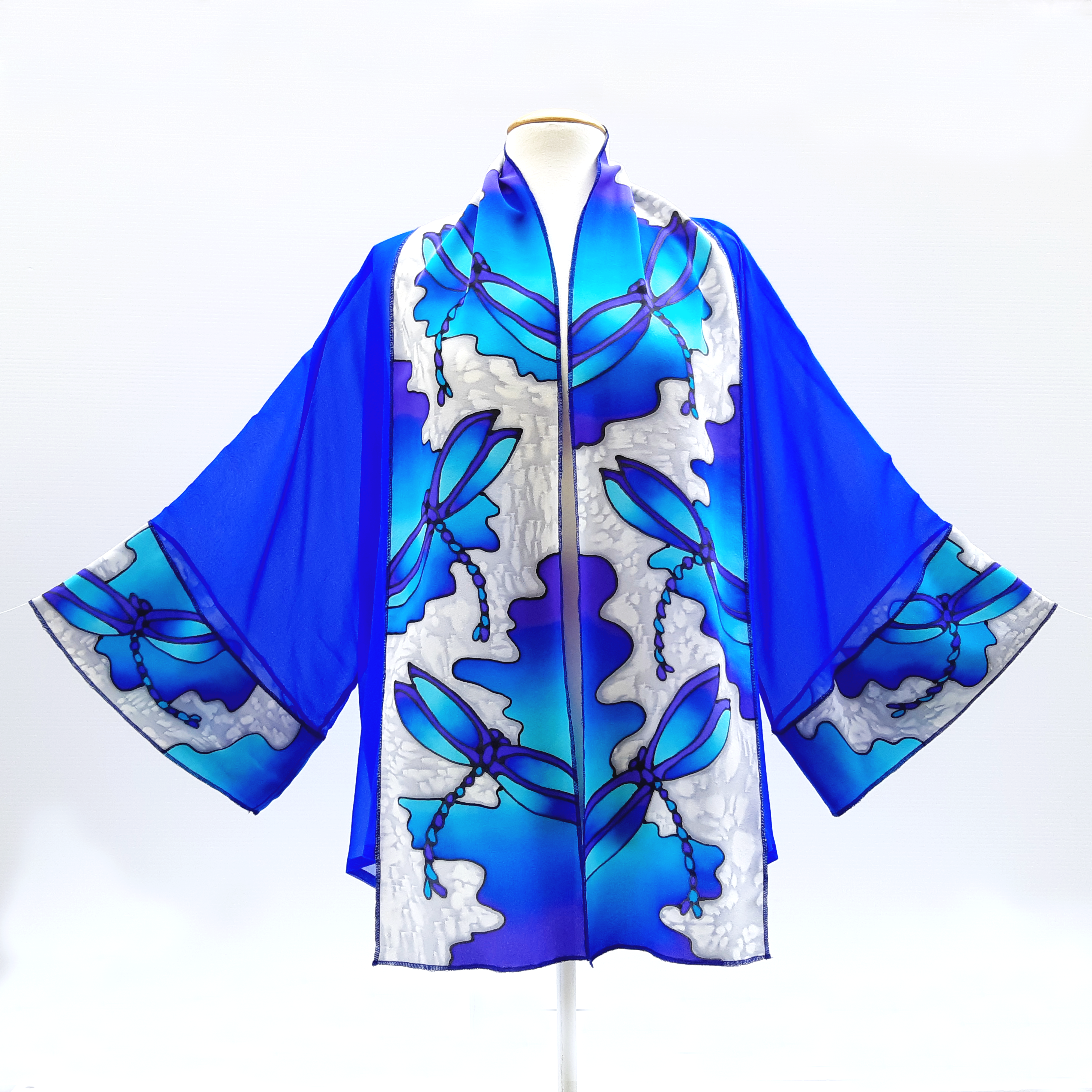 painted silk blue kimono top