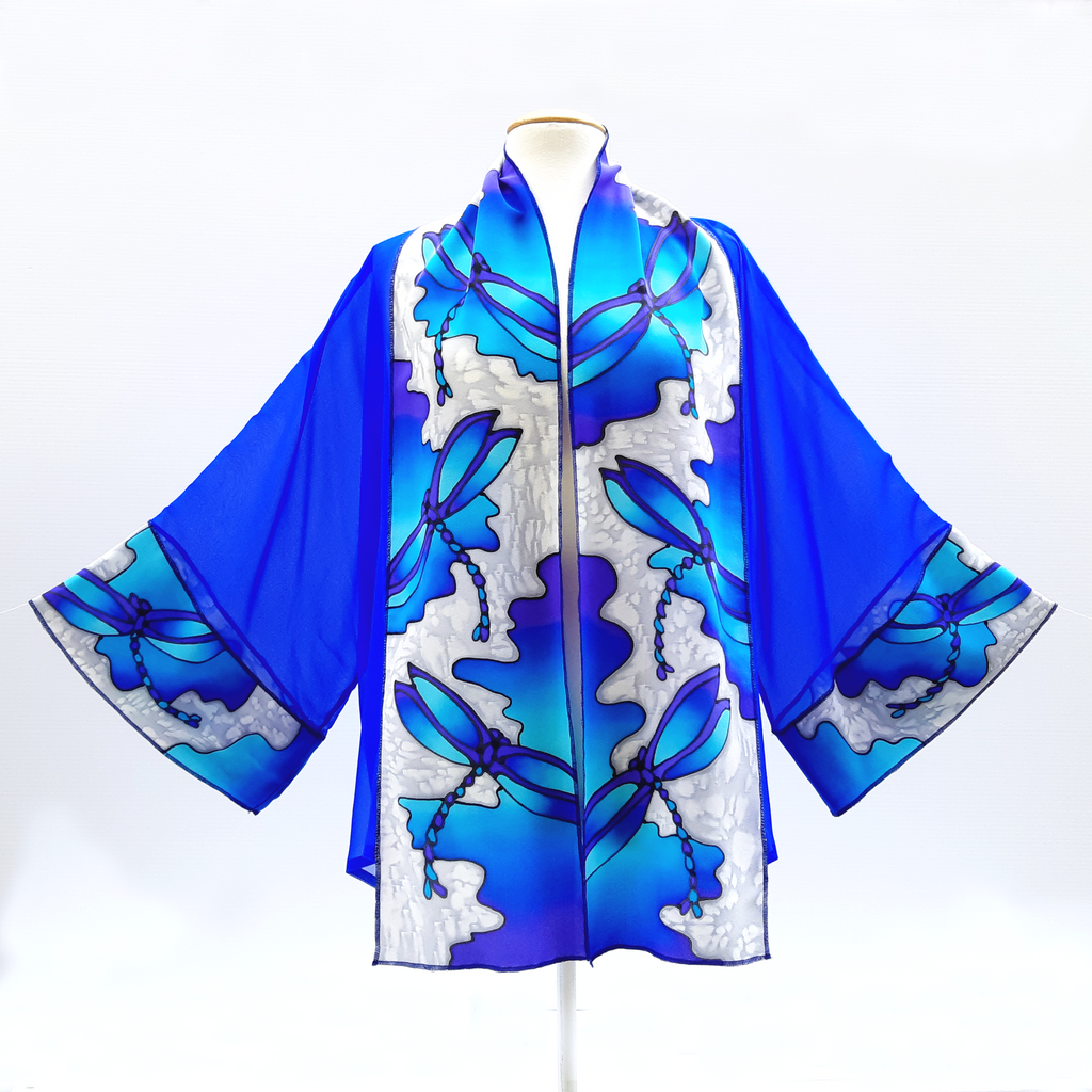 painted silk blue kimono top dragonfly art design handmade by Lynne Kiel made in canada