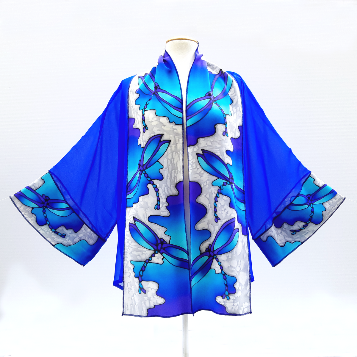 painted silk blue kimono top dragonfly art design handmade by Lynne Kiel made in canada