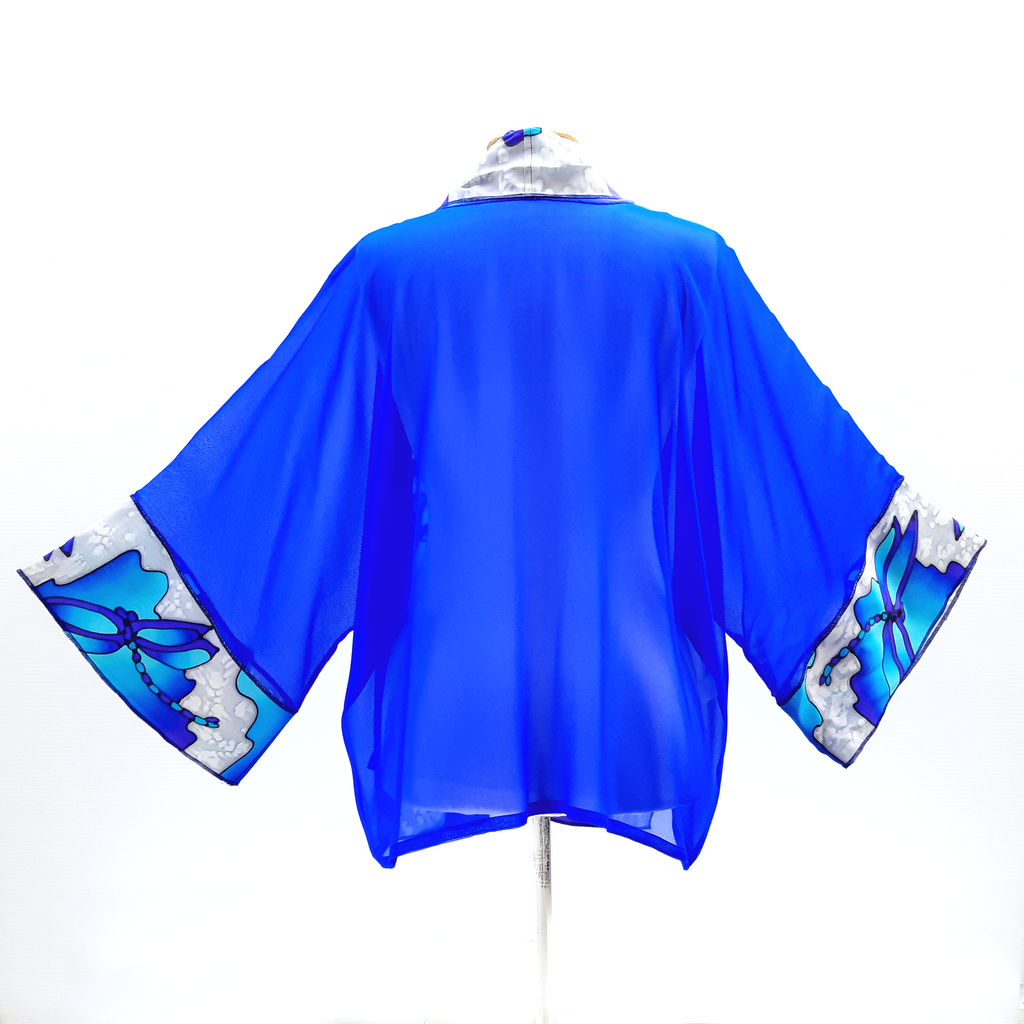 painted silk kimono jacket blue sheer silk one size ladies top dragonfly art design blue silver color handmade by Lynne Kiel made in canada