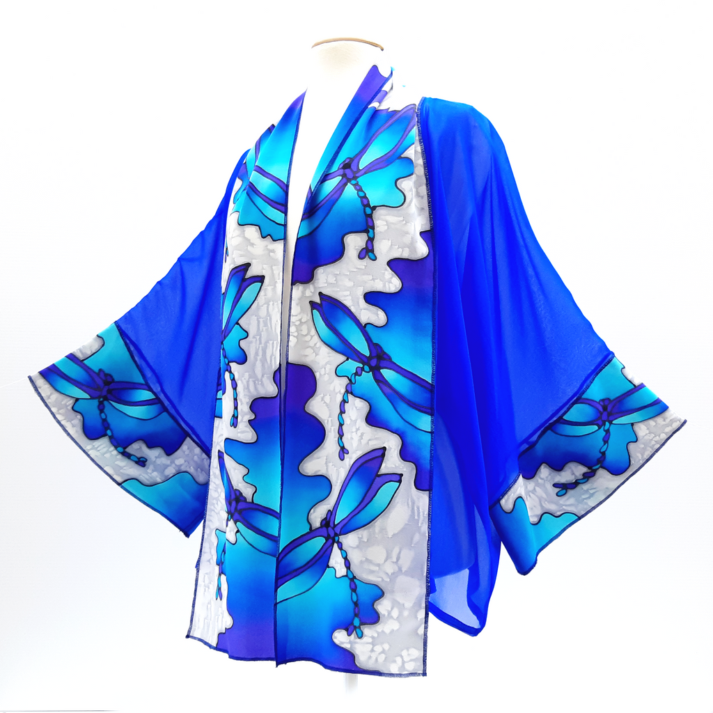 painted silk kimono royal blue sheer pure silk dragonfly art design handmade by Lynne Kiel made in Canada