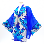 painted silk kimono royal blue sheer pure silk dragonfly art design handmade by Lynne Kiel made in Canada