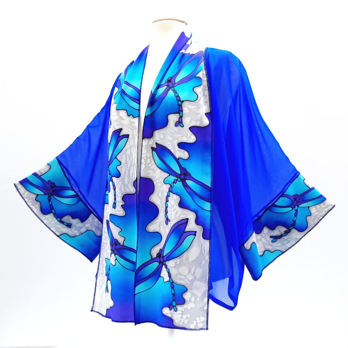 painted silk kimono royal blue sheer pure silk dragonfly art design handmade by Lynne Kiel made in Canada