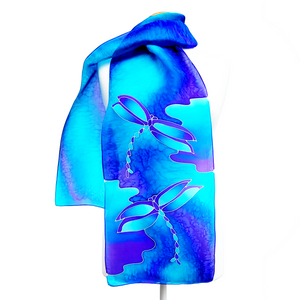 hand painted silk scarf blue dragonfly design art made by Lynne Kiel