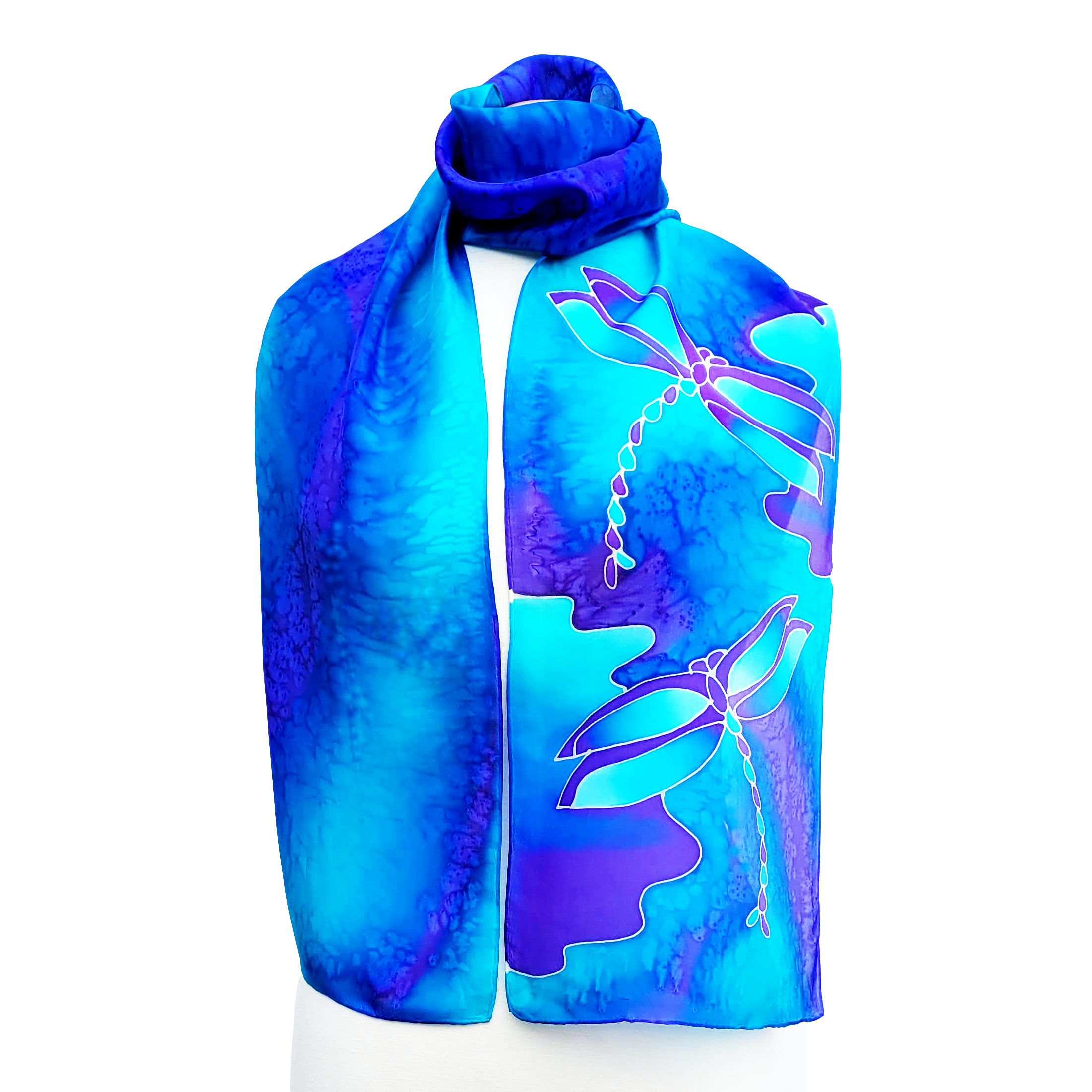 silk scarf hand painted dragonflies blue and purple color handmade by Lynne Kiel