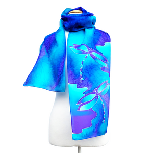 silk clothing long silk scarf for women blue color hand painted dragonfly art design made by Lynne Kiel